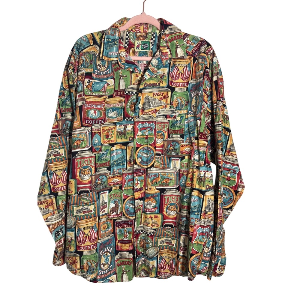 Johnny Cotton Mens Vintage Advertising Tins Print Button Down Shirt LG USA Made